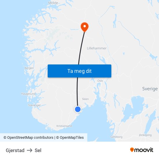 Gjerstad to Sel map