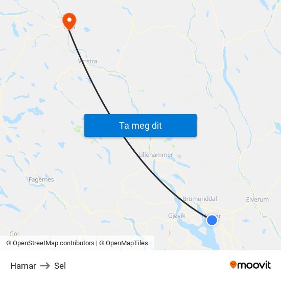 Hamar to Sel map