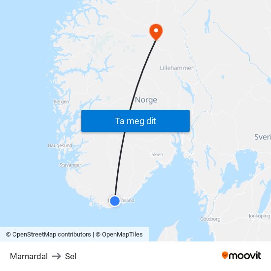 Marnardal to Sel map