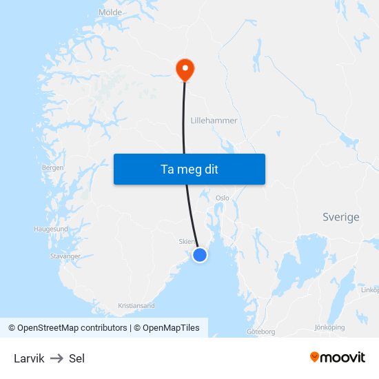 Larvik to Sel map