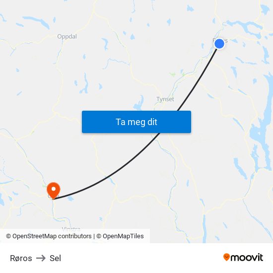 Røros to Sel map