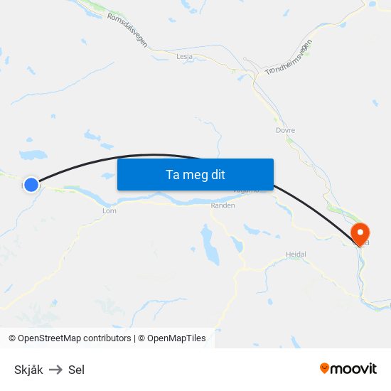 Skjåk to Sel map