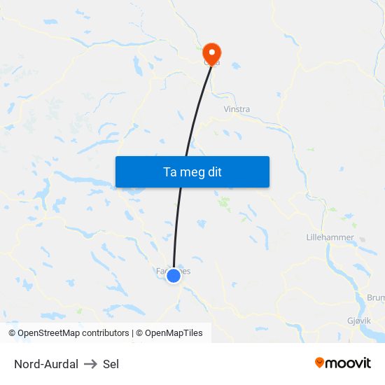 Nord-Aurdal to Sel map