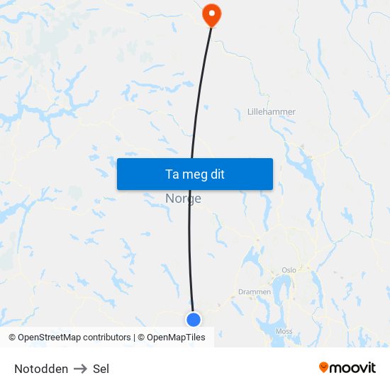 Notodden to Sel map