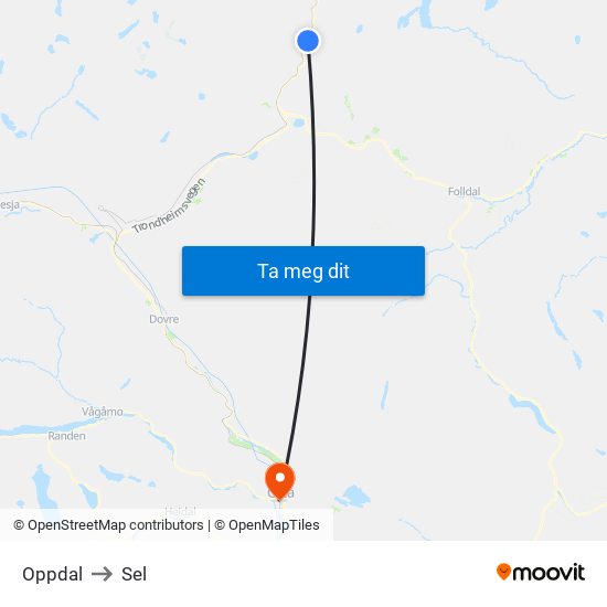 Oppdal to Sel map
