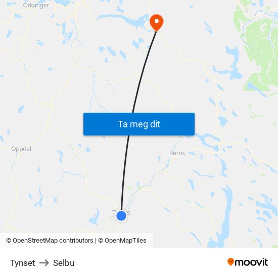 Tynset to Selbu map