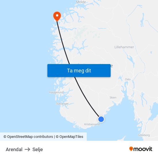 Arendal to Selje map