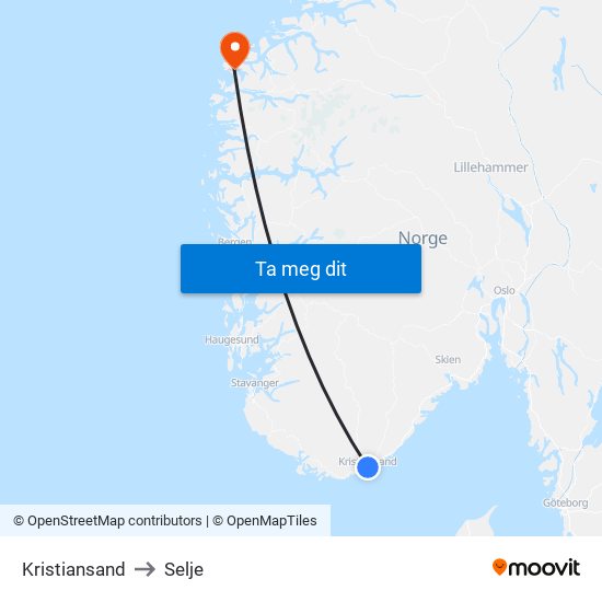 Kristiansand to Selje map