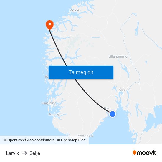 Larvik to Selje map