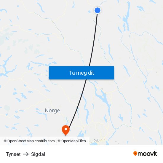 Tynset to Sigdal map