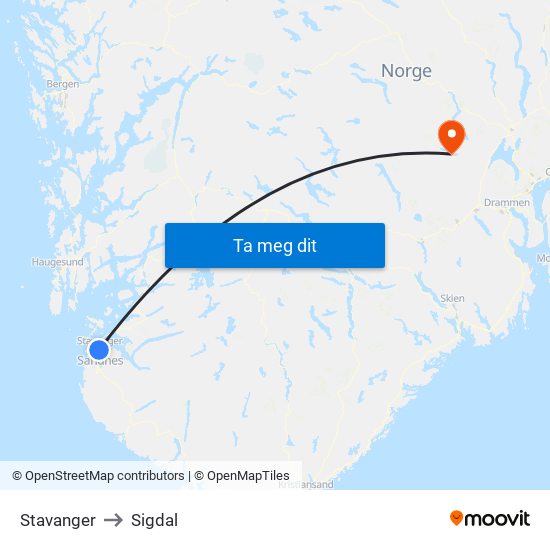 Stavanger to Sigdal map