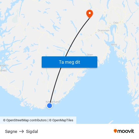 Søgne to Sigdal map