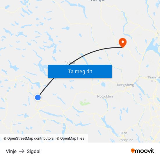 Vinje to Sigdal map