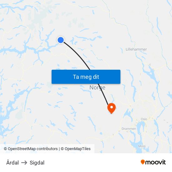 Årdal to Sigdal map