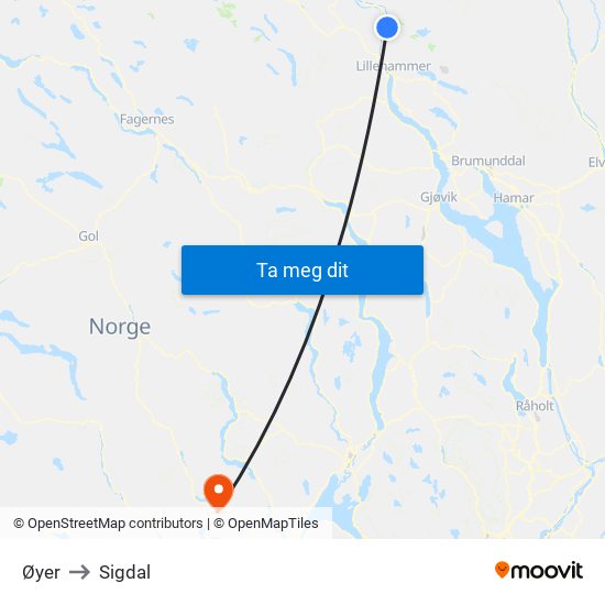 Øyer to Sigdal map