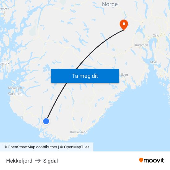 Flekkefjord to Sigdal map