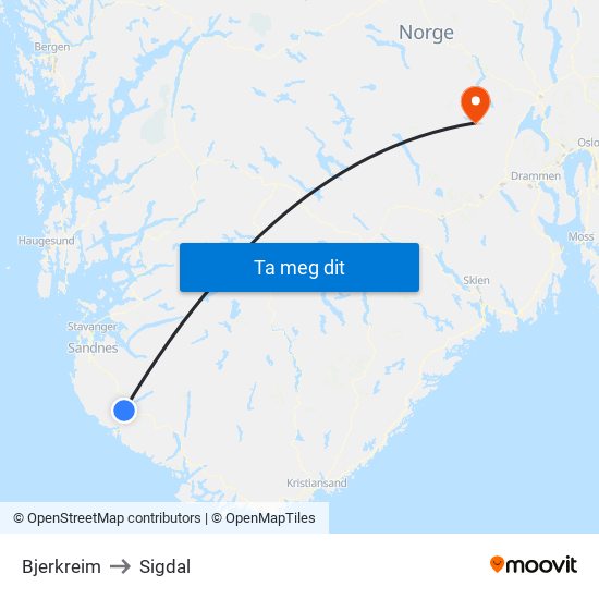 Bjerkreim to Sigdal map