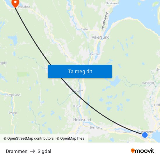 Drammen to Sigdal map