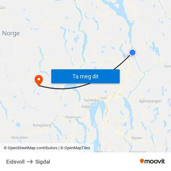 Eidsvoll to Sigdal map