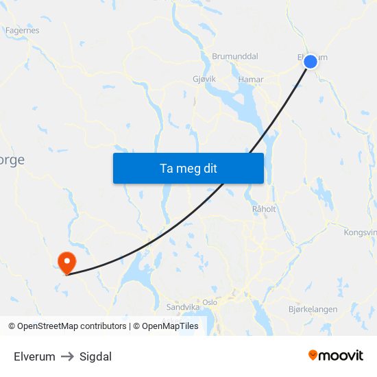 Elverum to Sigdal map