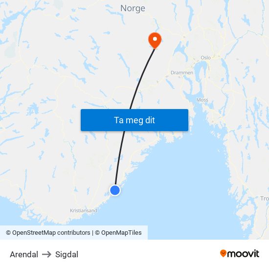 Arendal to Sigdal map