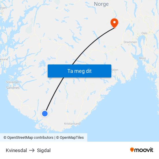 Kvinesdal to Sigdal map