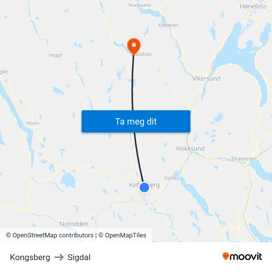Kongsberg to Sigdal map