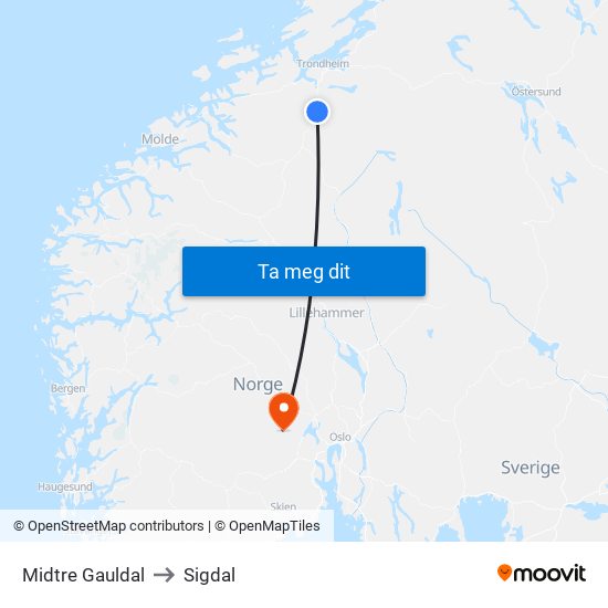 Midtre Gauldal to Sigdal map