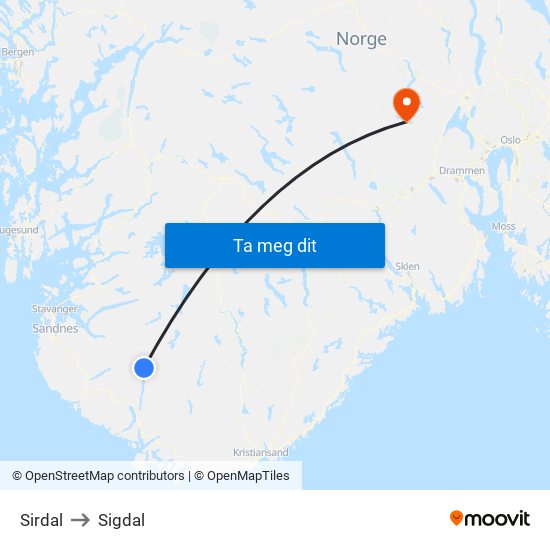 Sirdal to Sigdal map