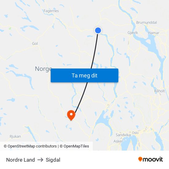 Nordre Land to Sigdal map