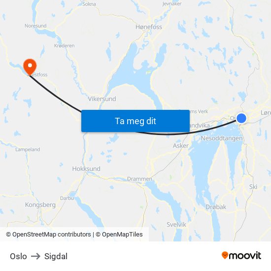 Oslo to Sigdal map