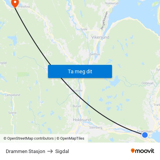 Drammen Stasjon to Sigdal map