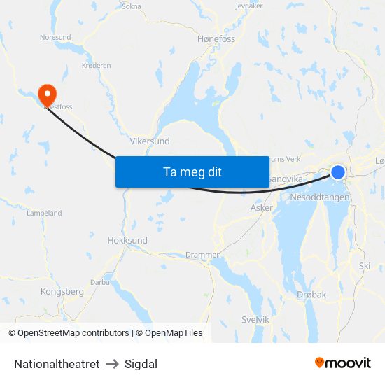 Nationaltheatret to Sigdal map