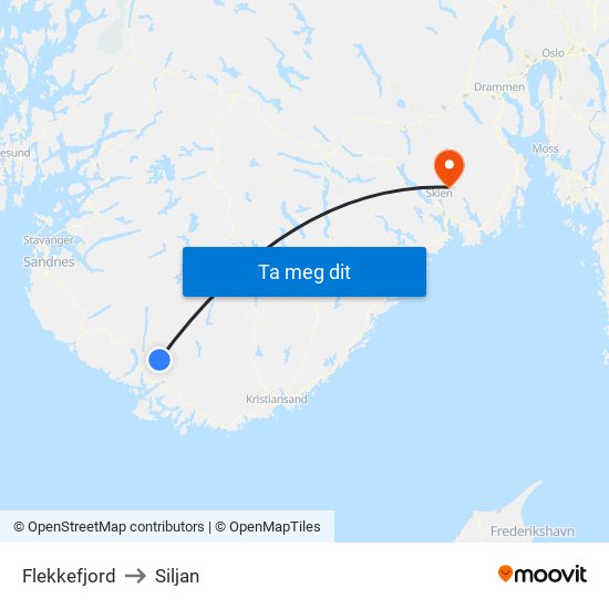 Flekkefjord to Siljan map