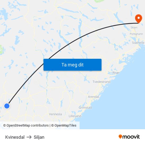 Kvinesdal to Siljan map