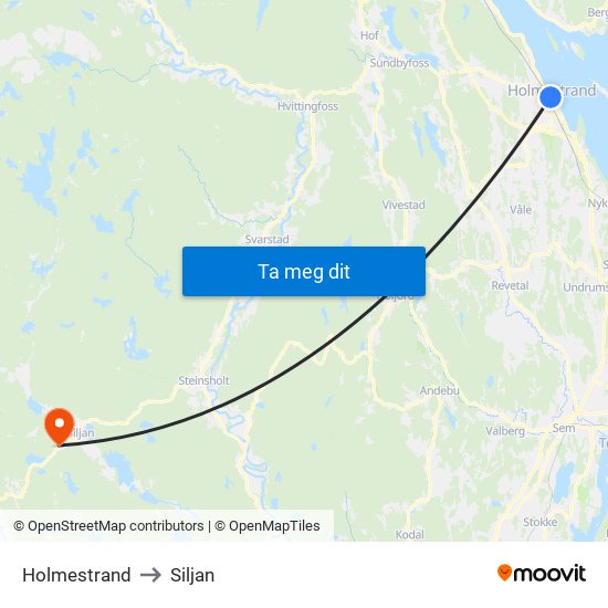 Holmestrand to Siljan map