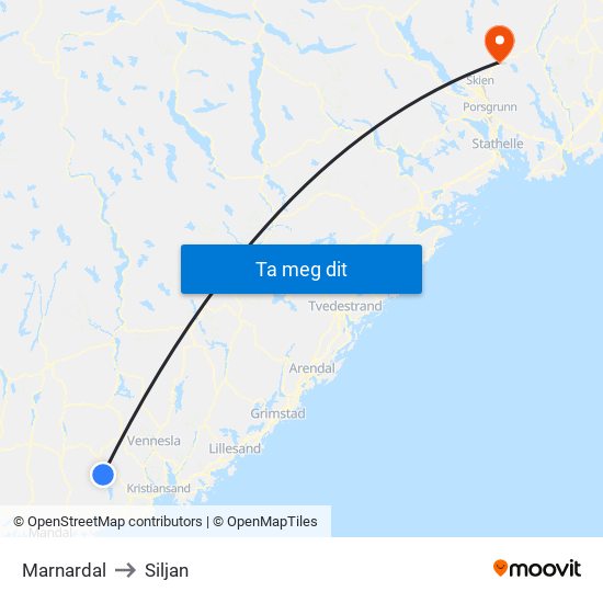 Marnardal to Siljan map