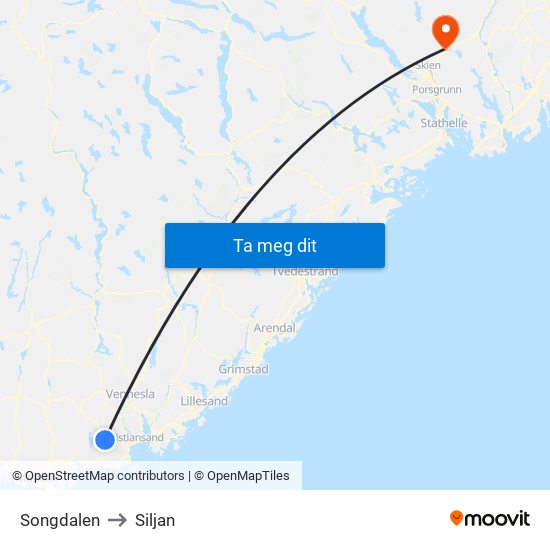 Songdalen to Siljan map