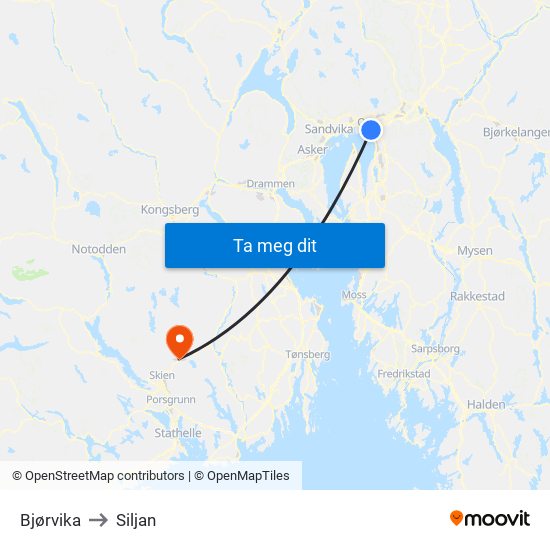 Bjørvika to Siljan map