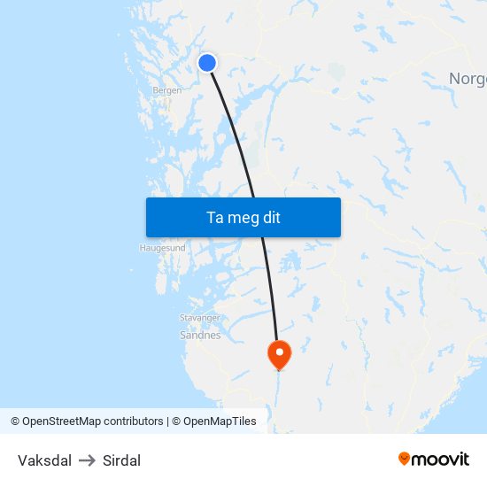 Vaksdal to Sirdal map