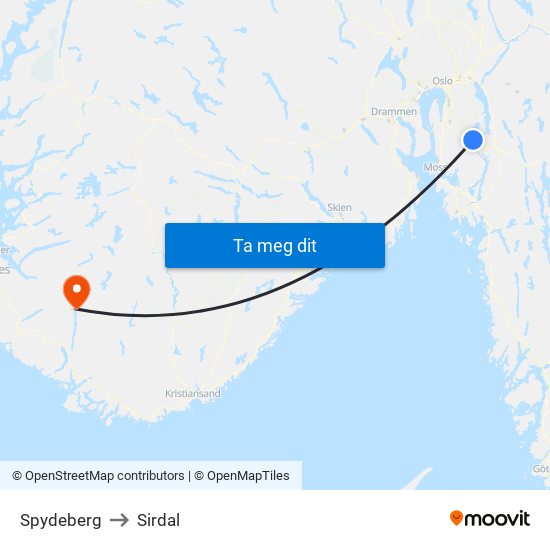 Spydeberg to Sirdal map