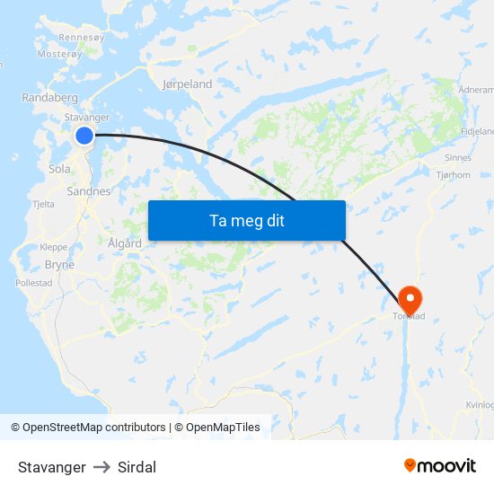 Stavanger to Sirdal map