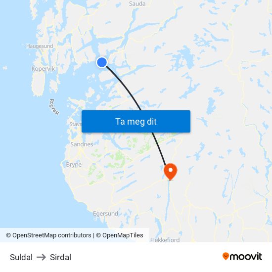 Suldal to Sirdal map