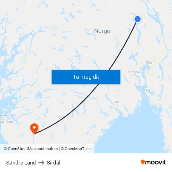 Søndre Land to Sirdal map