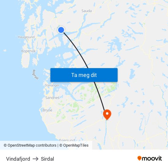 Vindafjord to Sirdal map