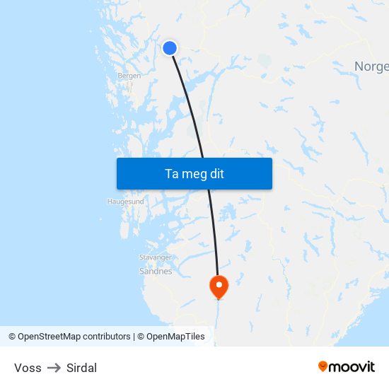 Voss to Sirdal map