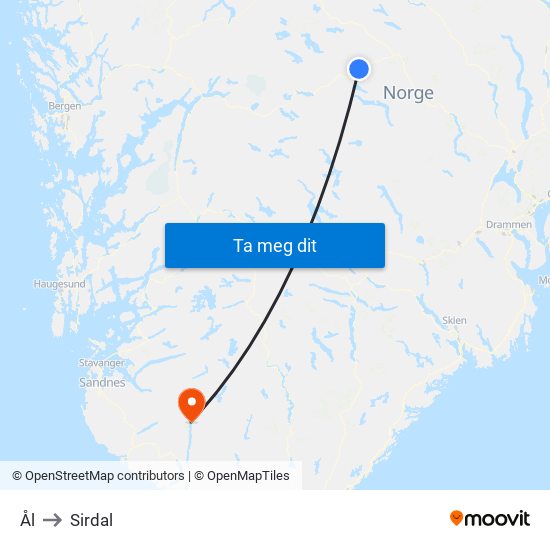 Ål to Sirdal map