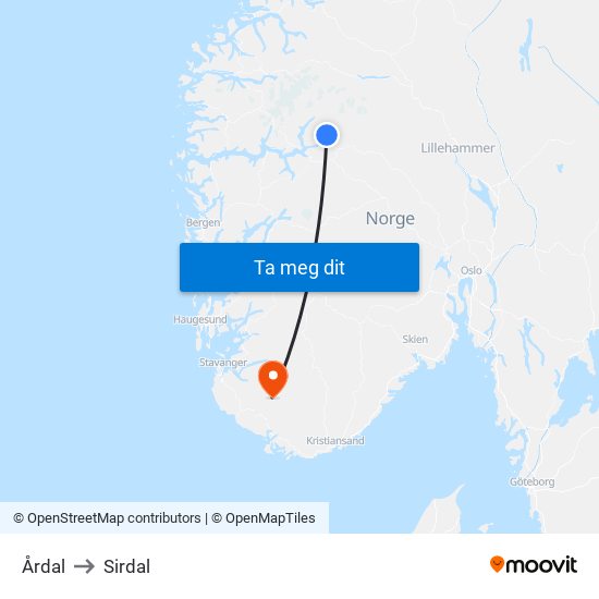 Årdal to Sirdal map