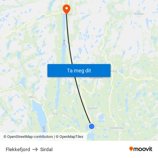 Flekkefjord to Sirdal map