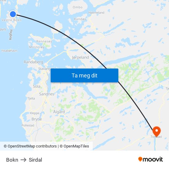 Bokn to Sirdal map